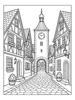 Cobblestone street leading to a clock tower in this historic germany coloring page.