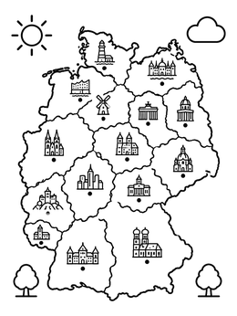 Free printable Germany Map With Famous Landmarks coloring page