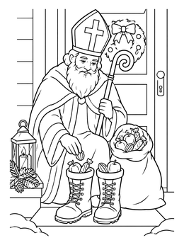 A friendly Saint Nicholas puts treats in winter boots on this germany coloring page.