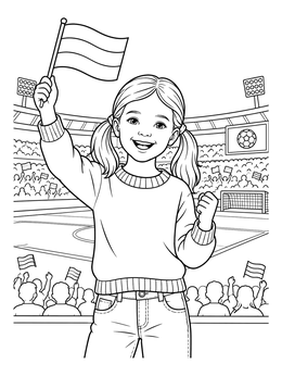 A cheerful girl waves a flag at a crowded stadium on this germany coloring page.