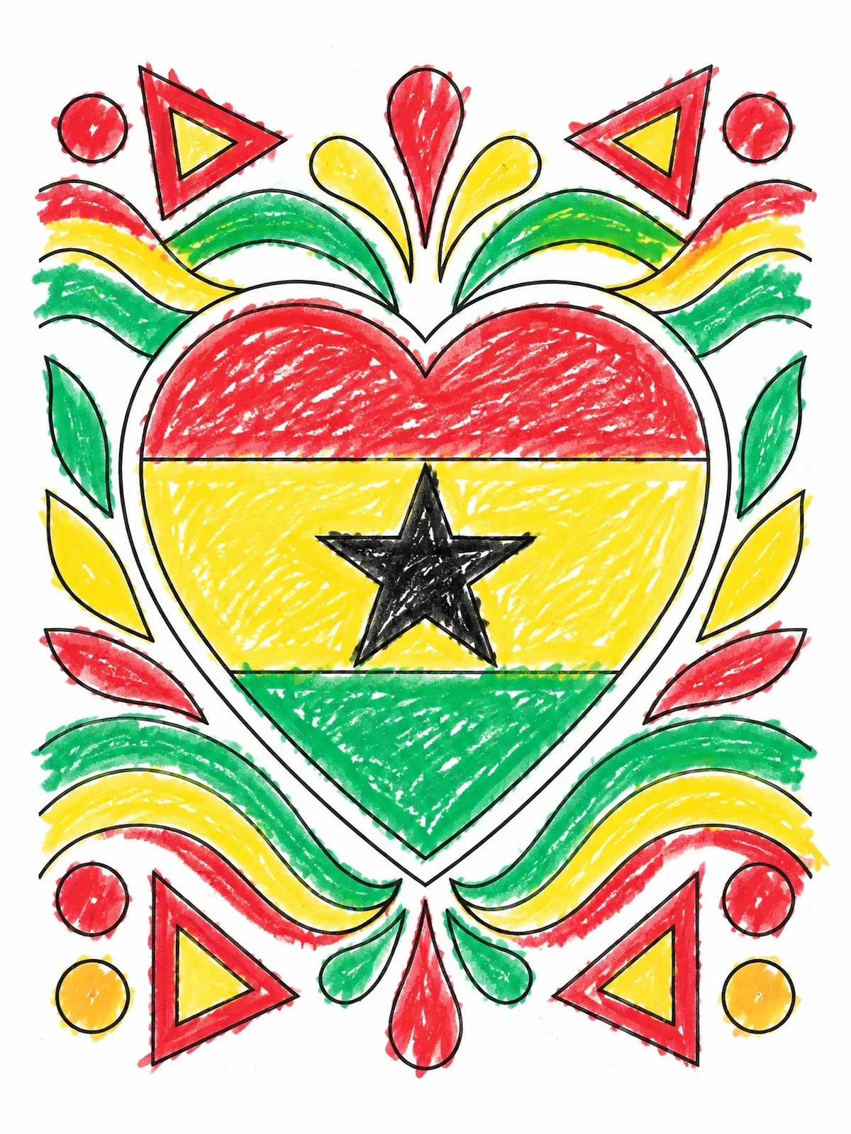Colored example of the Ghanaian Flag Heart Mandala Design coloring page