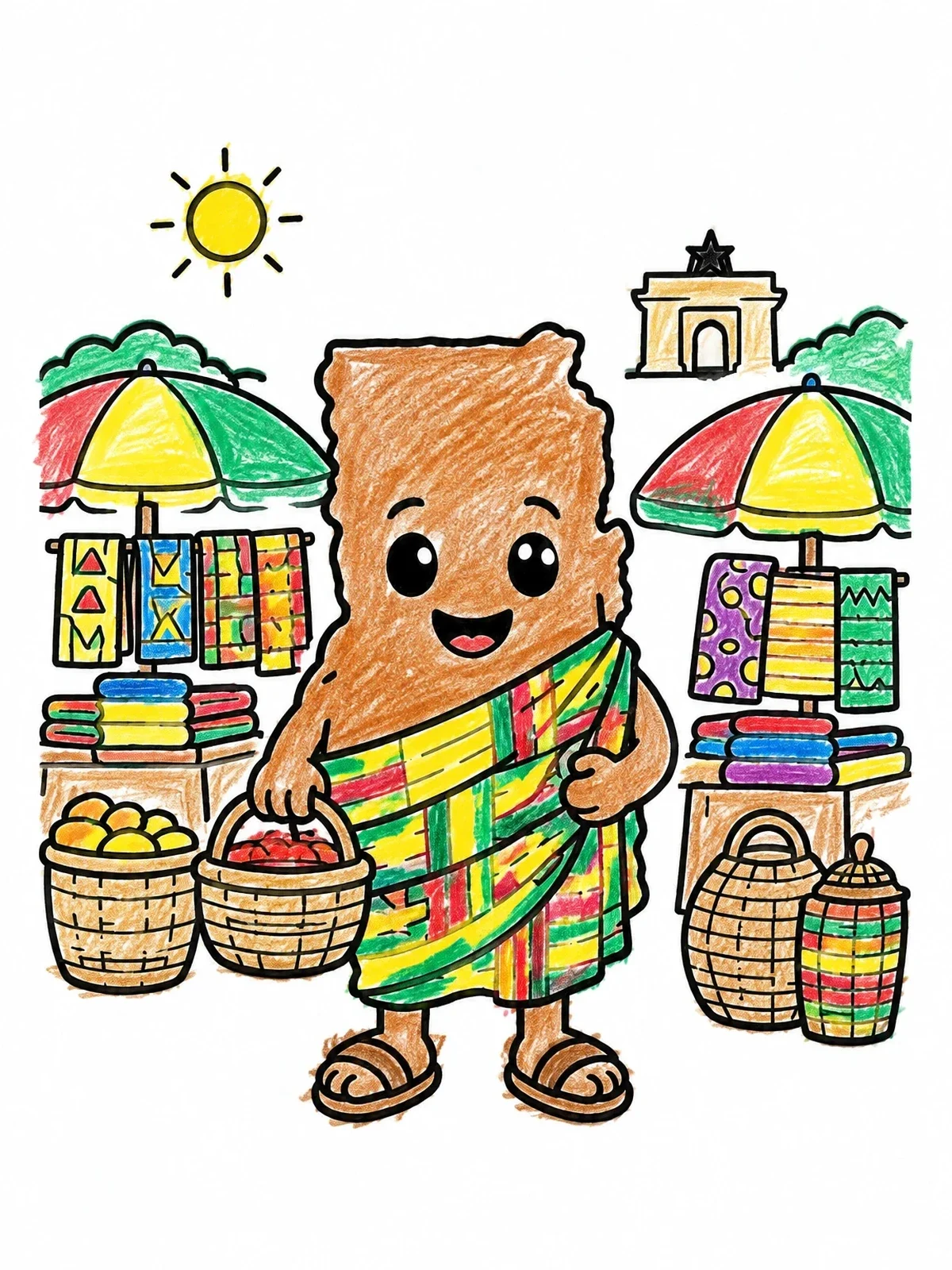 Colored example of the Ghana Map Character At Market coloring page