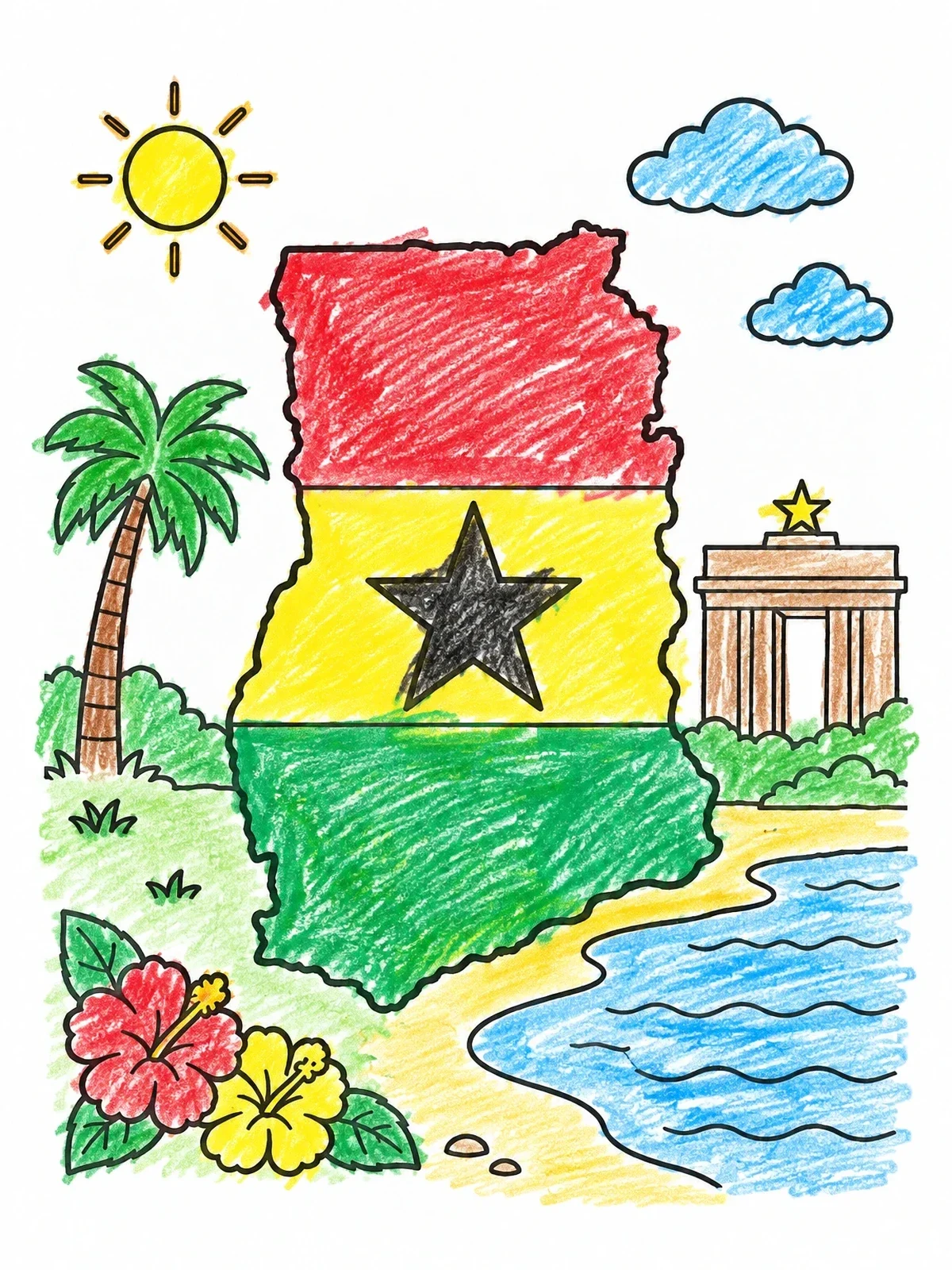 Colored example of the Ghana Map And Flag Outline coloring page