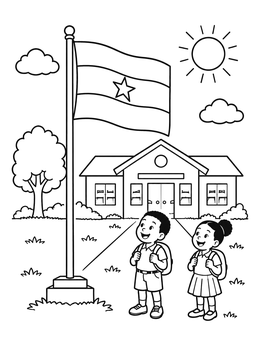 Free printable Ghanaian Students By The School Flag coloring page