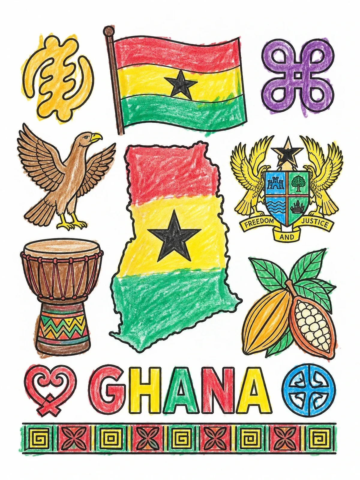 Colored example of the Ghana Symbols And Map Collage coloring page