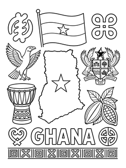 Free printable Ghana Symbols And Map Collage coloring page
