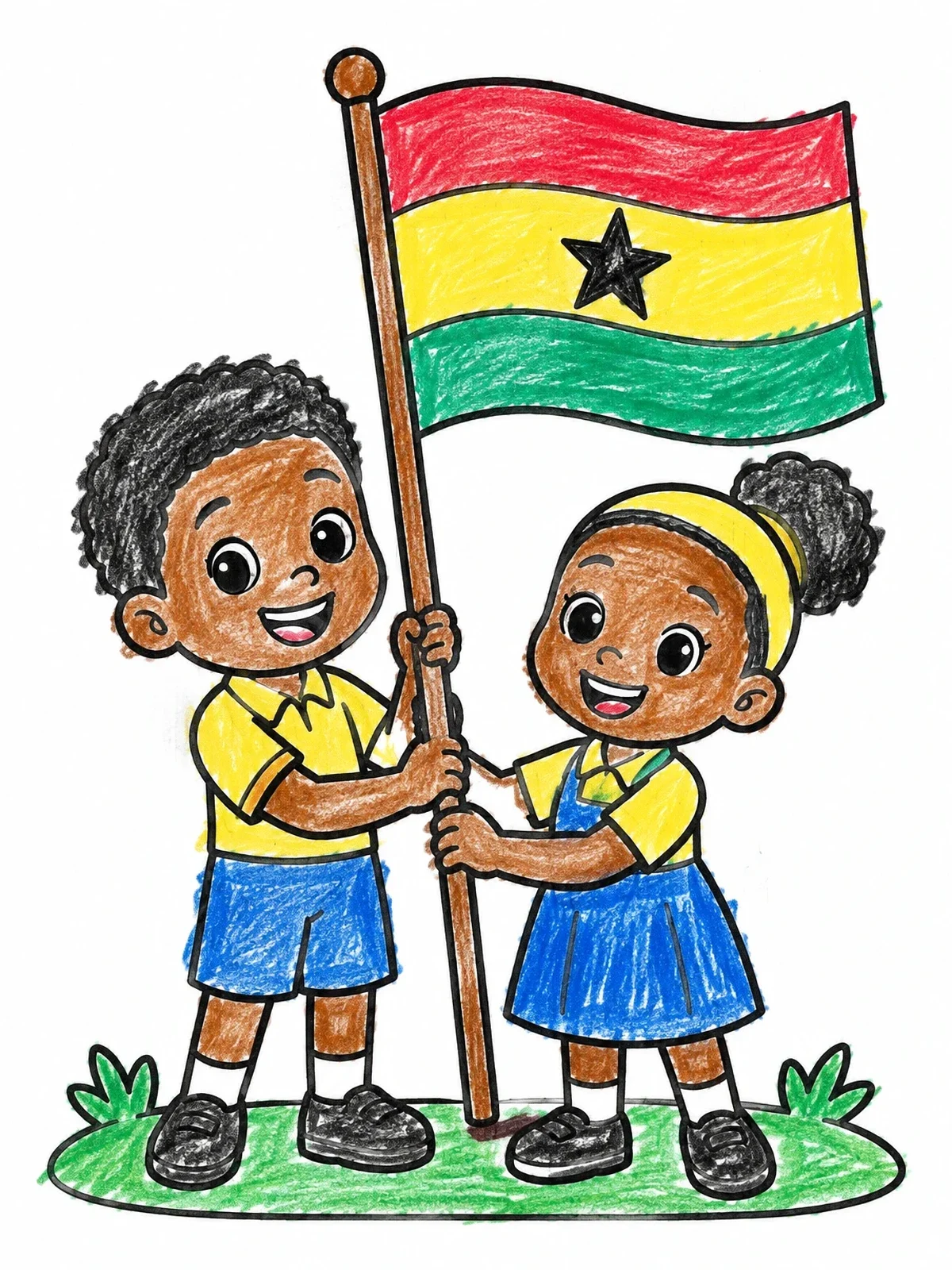 Colored example of the Ghanaian Children Holding National Flag coloring page