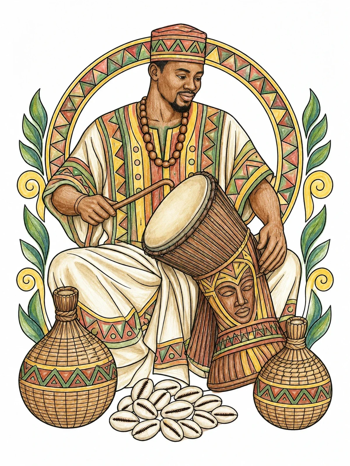 Colored example of the Ghanaian Drummer With Traditional Instruments coloring page