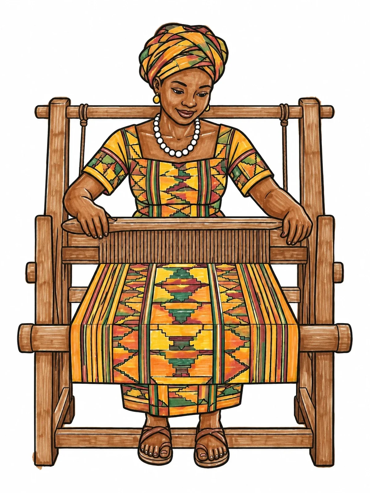 Colored example of the Ghanaian Weaver At Traditional Loom coloring page