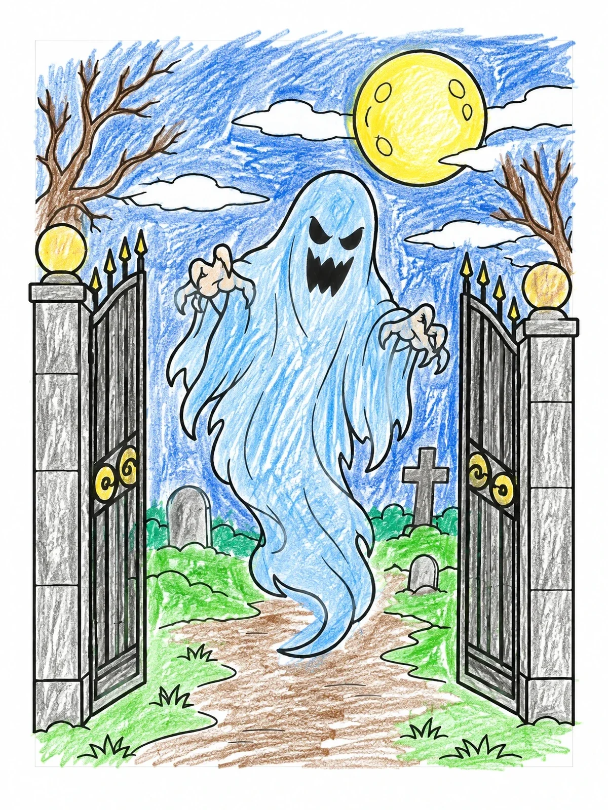 Colored example of the Ghost At The Cemetery Gates coloring page