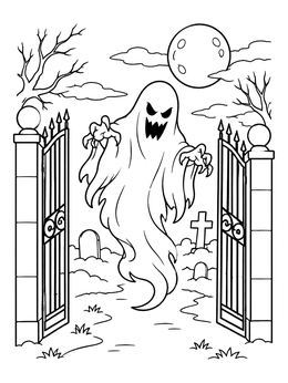A spooky ghost at the graveyard gates in this ghost coloring page with a full moon.