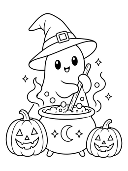 A cute ghost coloring page featuring a tiny ghost stirring a bubbly cauldron with pumpkins.