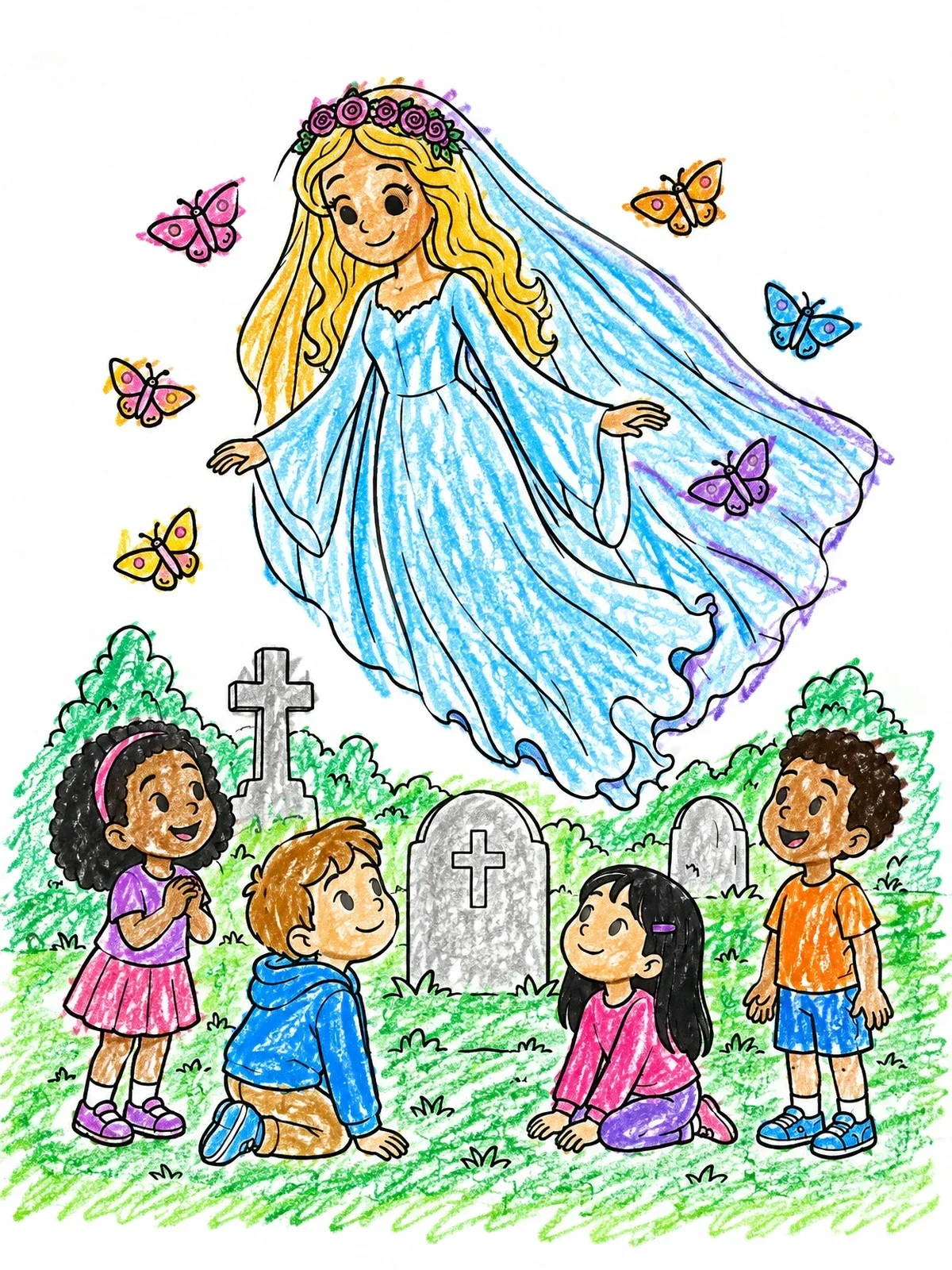 Colored example of the Gentle Ghost Bride Floating For Children coloring page