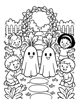 Kids playing with ghost carrots in this carrot coloring page set in a garden.
