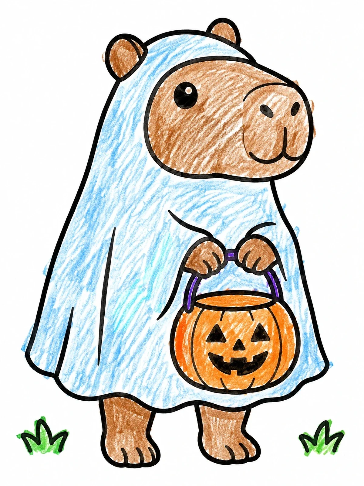 Colored example of the Ghost Costume Capybara With Pumpkin coloring page