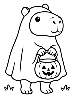 A cute ghost capybara coloring page holding a carved pumpkin bucket.