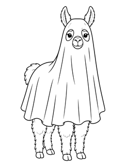 A ghost costume covers this cute halloween llama coloring page.