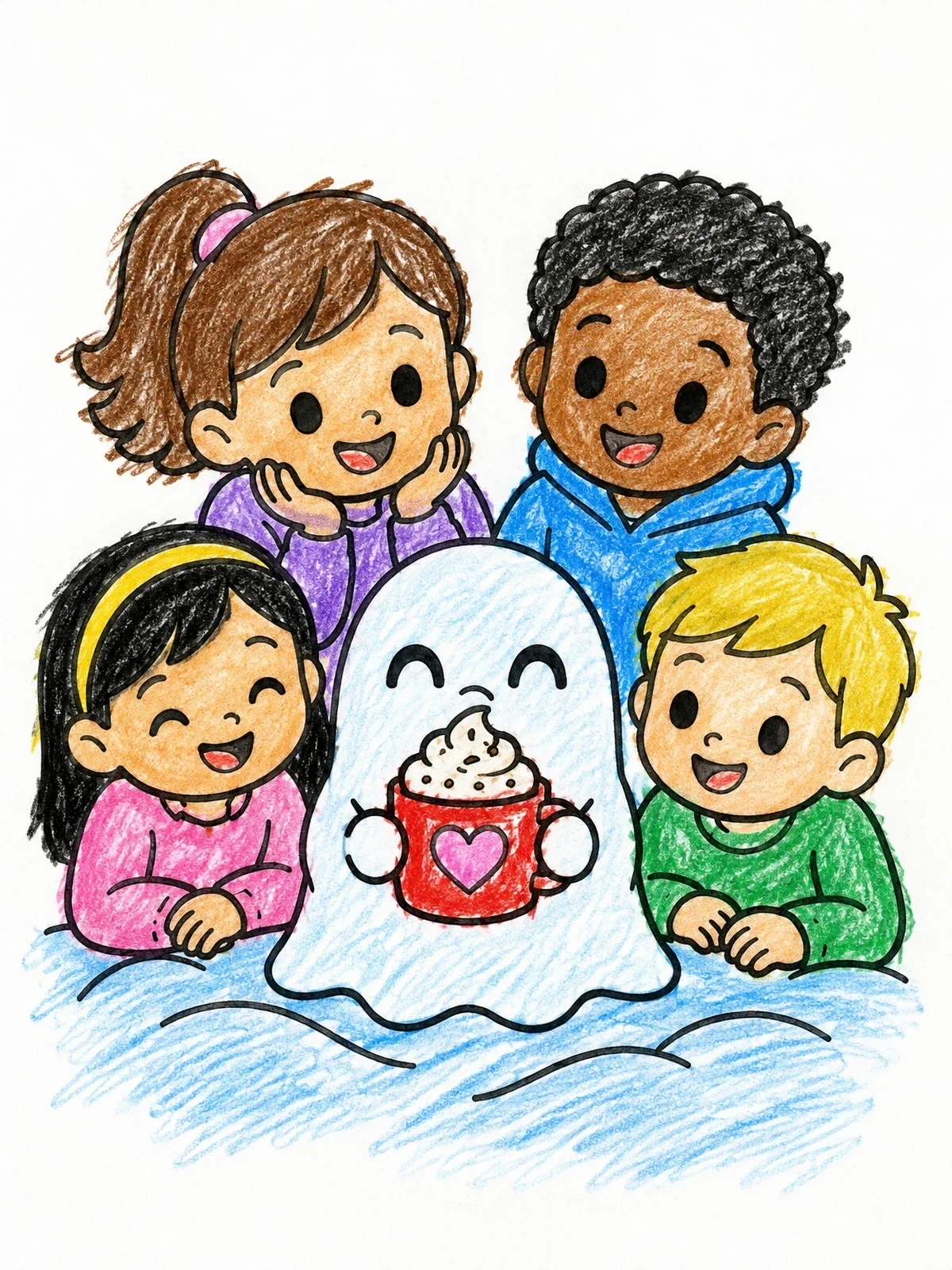 Colored example of the Cute Ghost With Cocoa And Children coloring page