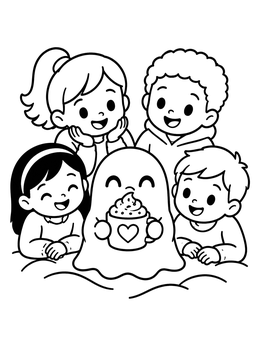 A friendly ghost coloring page showing kids gathering around a ghost holding hot cocoa.