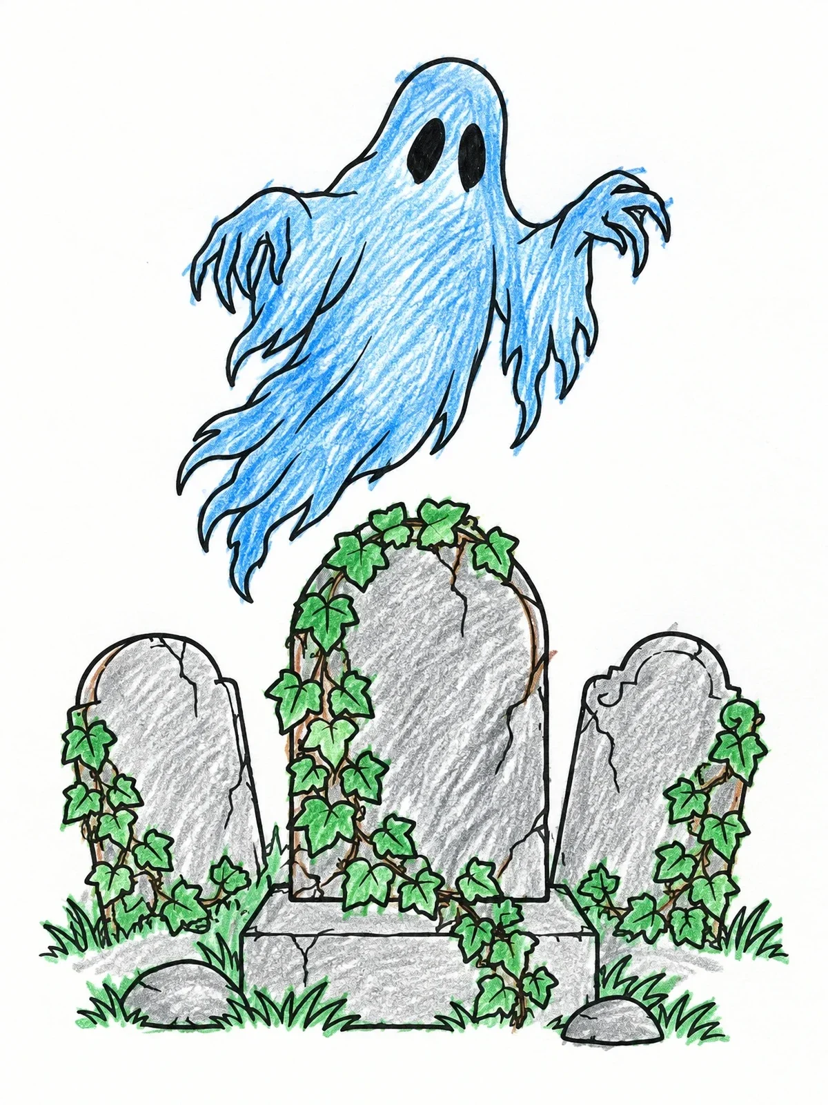 Colored example of the Ghost Floating Over Graveyard Headstones coloring page
