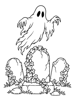 A spooky ghost coloring page hovering above cracked gravestones wrapped in creeping ivy.