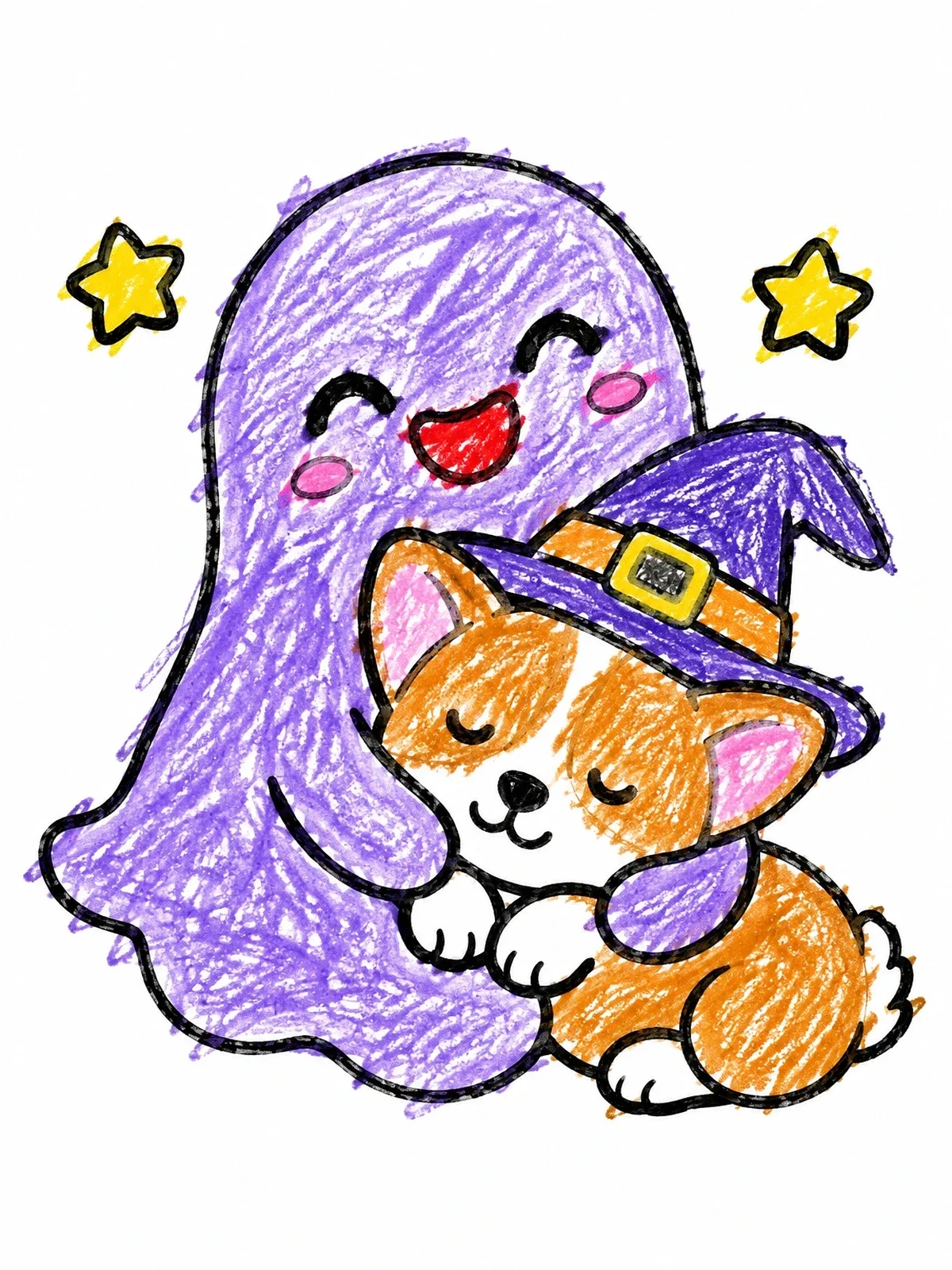 Colored example of the Happy Ghost Hugging Sleeping Puppy coloring page