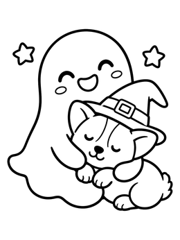 Free printable Happy Ghost Hugging Sleeping Puppy coloring page