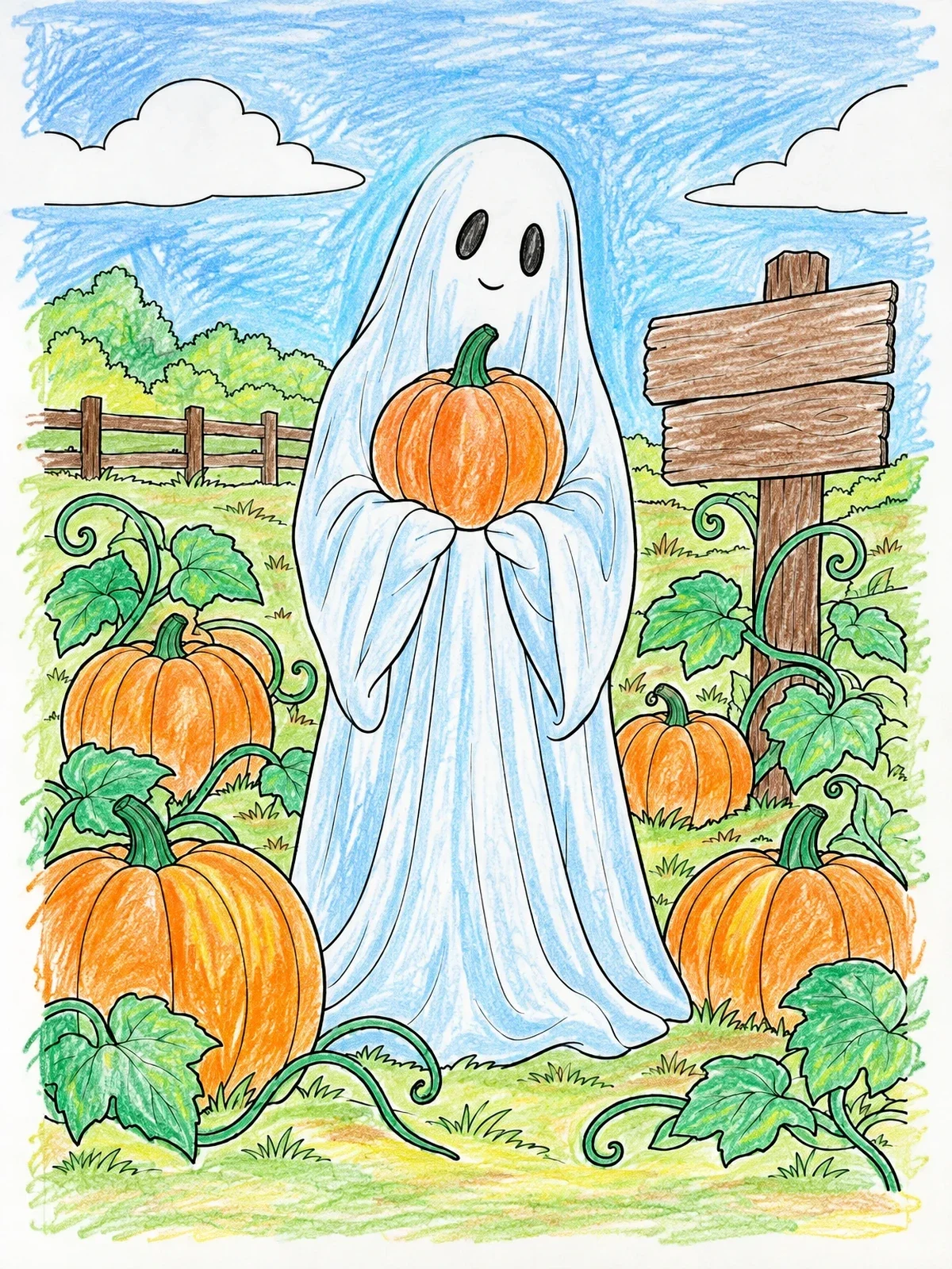 Colored example of the Ghost In The Pumpkin Patch coloring page