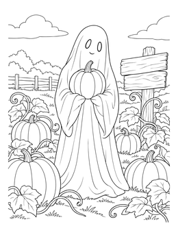 A friendly ghost holding a pumpkin in a patch on this ghost coloring page.