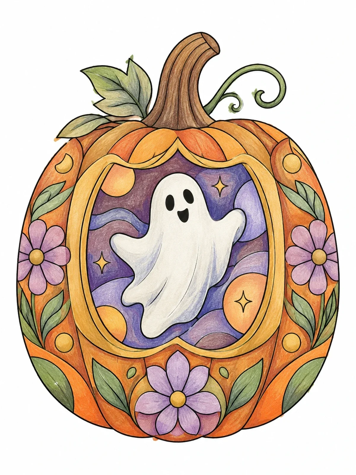 Colored example of the Ghost Inside A Floral Pumpkin coloring page