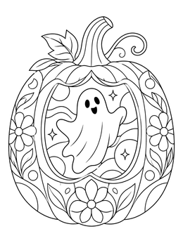 A friendly ghost inside a carved pumpkin in this ghost coloring page.