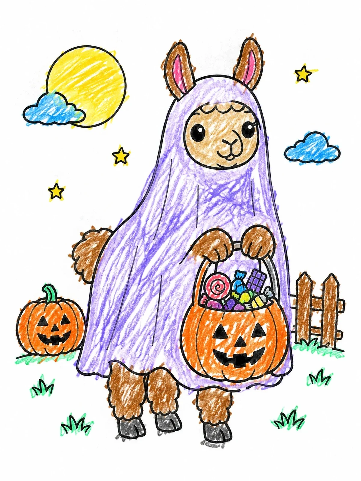 Colored example of the Ghost Llama With Halloween Candy Bucket coloring page