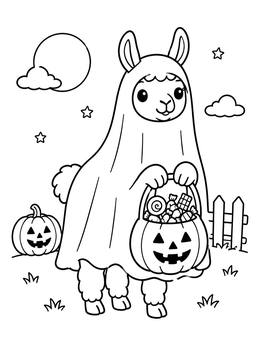 Free printable Ghost Llama With Halloween Candy Bucket coloring page