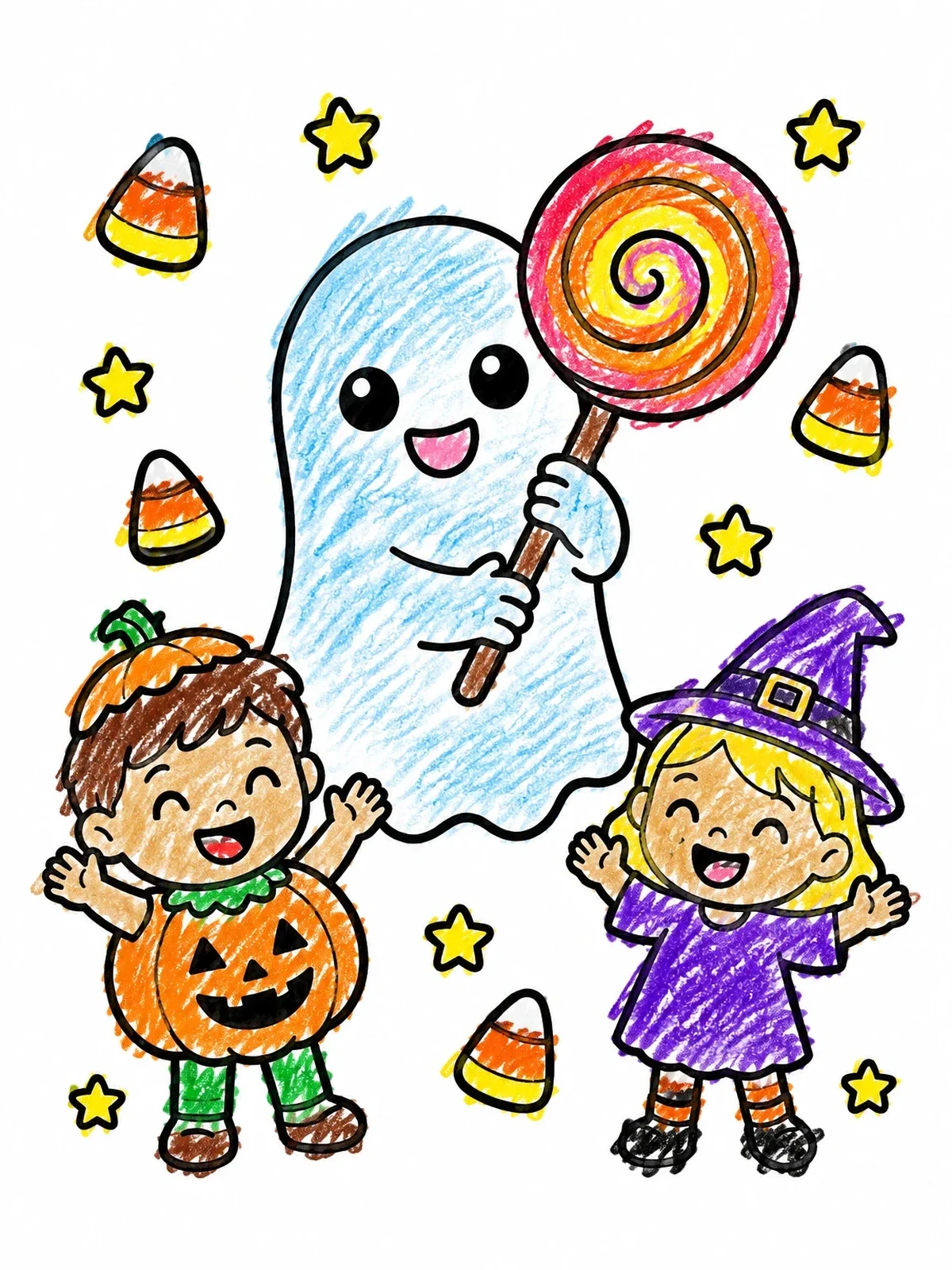 Colored example of the Ghost With Lollipop And Costumed Kids coloring page