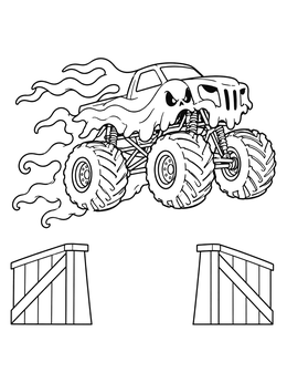Spooky monster truck coloring page leaping between ramps with phantom flames trailing behind.
