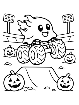 A friendly ghost monster truck coloring page jumping over a ramp near pumpkins.