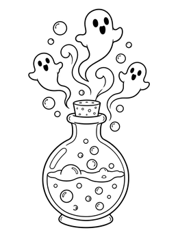 Playful spirits floating above a glass flask in this potion bottle coloring page.
