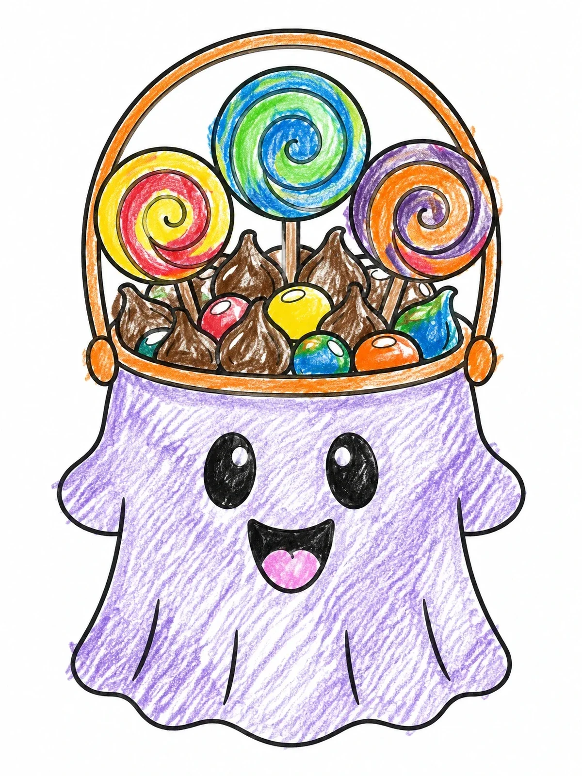 Colored example of the Ghost Bucket Full Of Sweet Treats coloring page