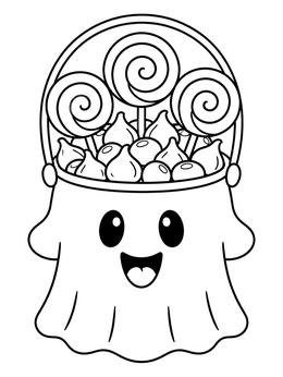 A cute ghost bucket filled with lollipops and treats on this halloween candy coloring page.