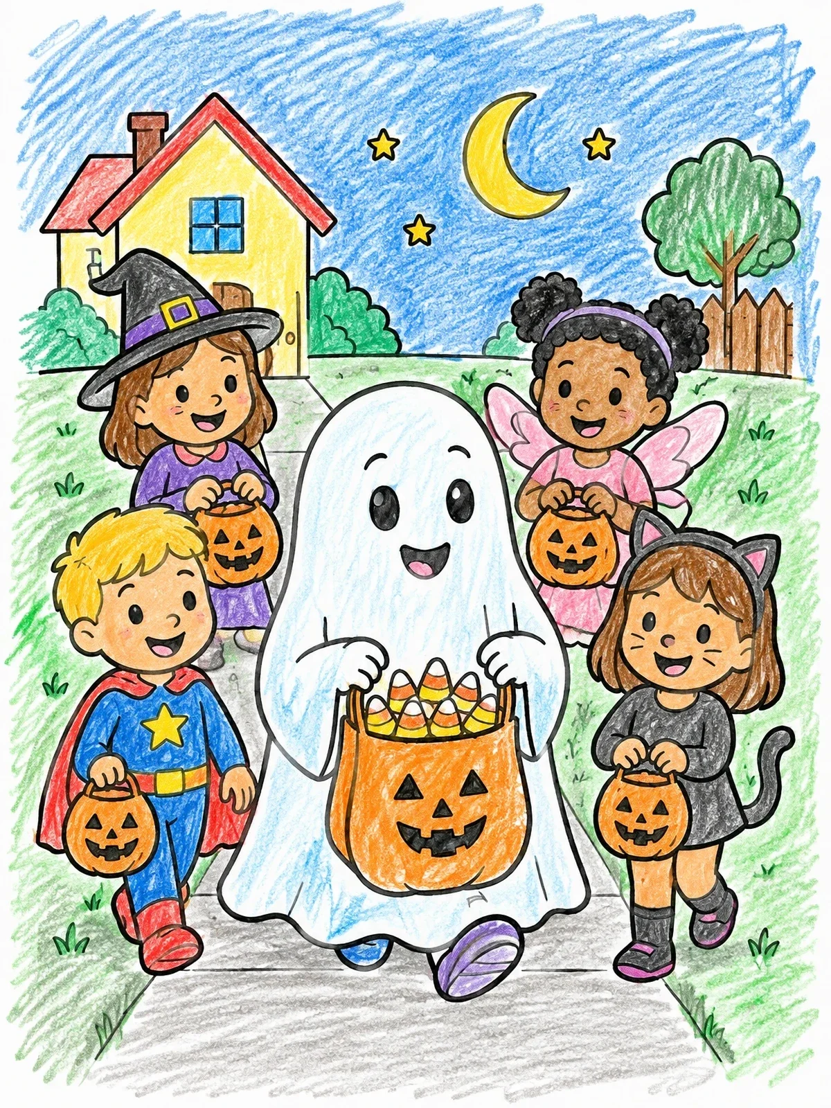 Colored example of the Ghost And Friends Trick Or Treating coloring page