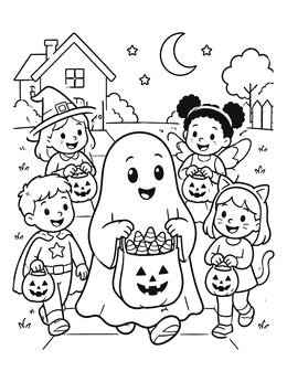 Kids in costumes and a cute ghost on this candy corn coloring page.