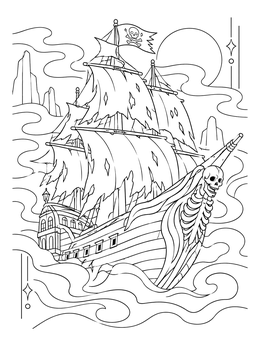 A ghostly pirate ship coloring page sailing across misty waters with ragged sails and a skeleton bow.