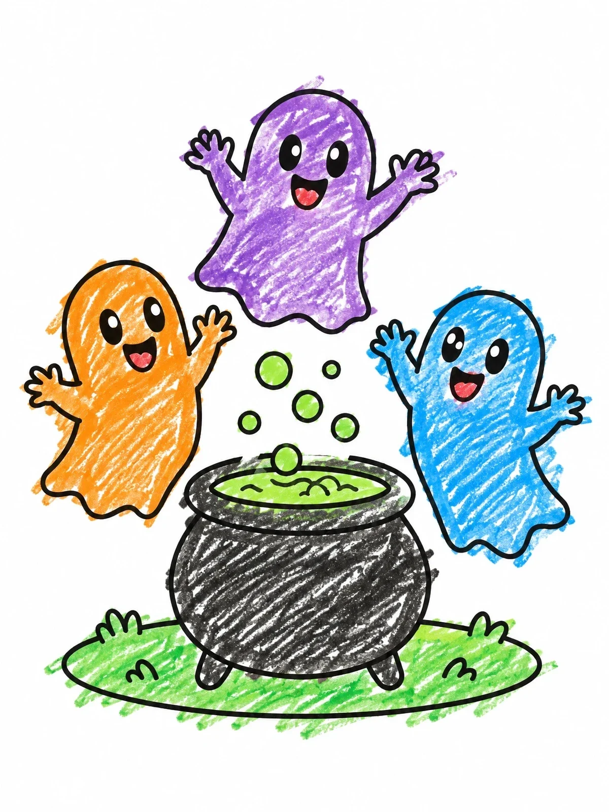 Colored example of the Cute Ghosts Floating Around A Cauldron coloring page