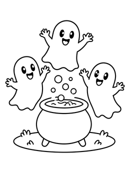 Three happy sheet spirits play above a pot in this ghost coloring page.