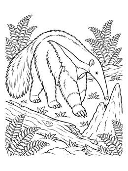 A giant anteater foraging near a termite mound in this detailed rainforest coloring page.