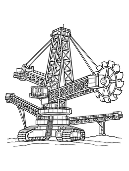 Detailed bucket wheel excavator coloring page with conveyor belts and steel lattice boom.