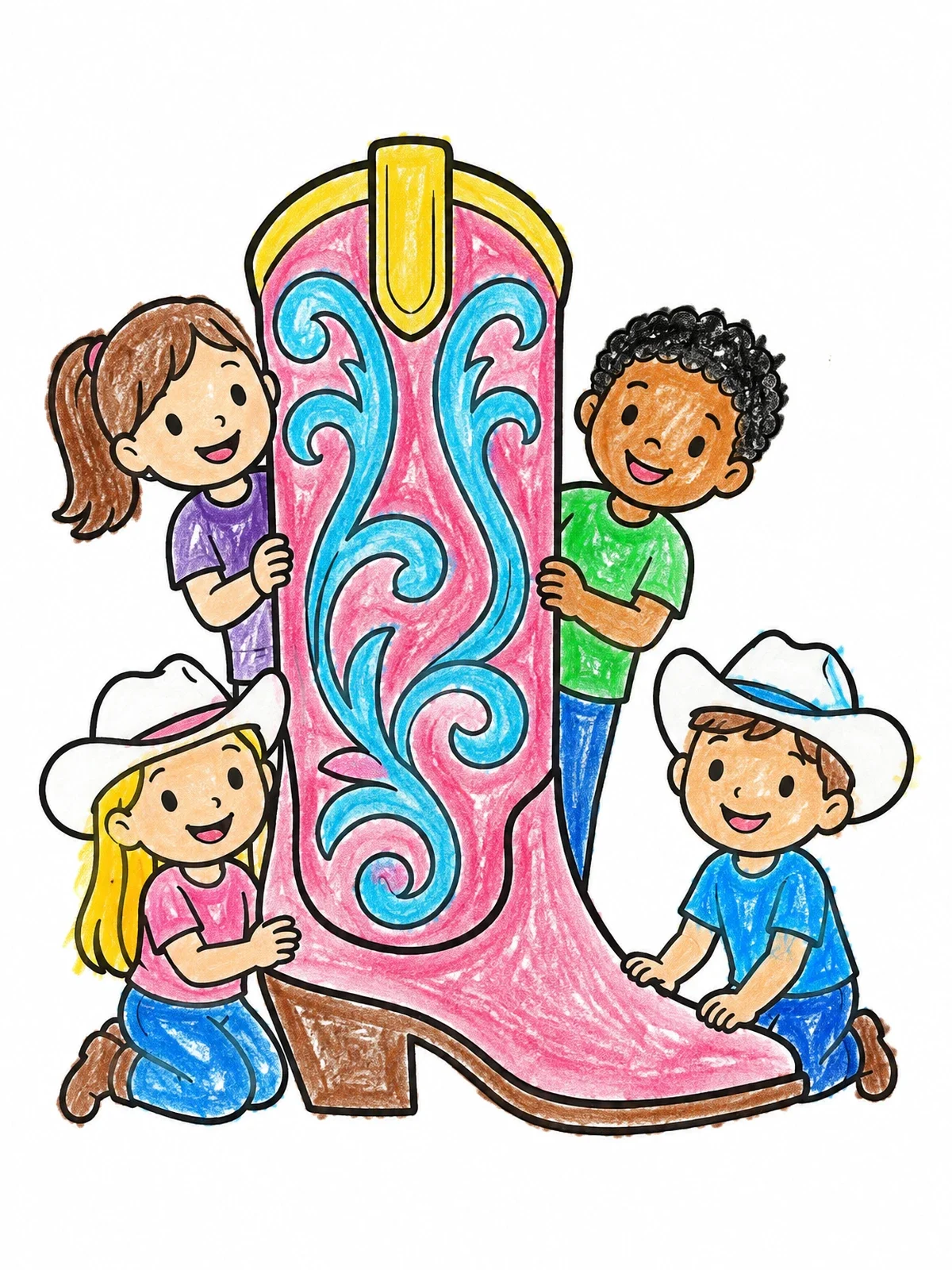Colored example of the Kids Around A Giant Cowgirl Boot coloring page