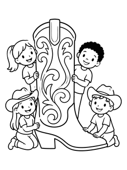 Free printable Kids Around A Giant Cowgirl Boot coloring page