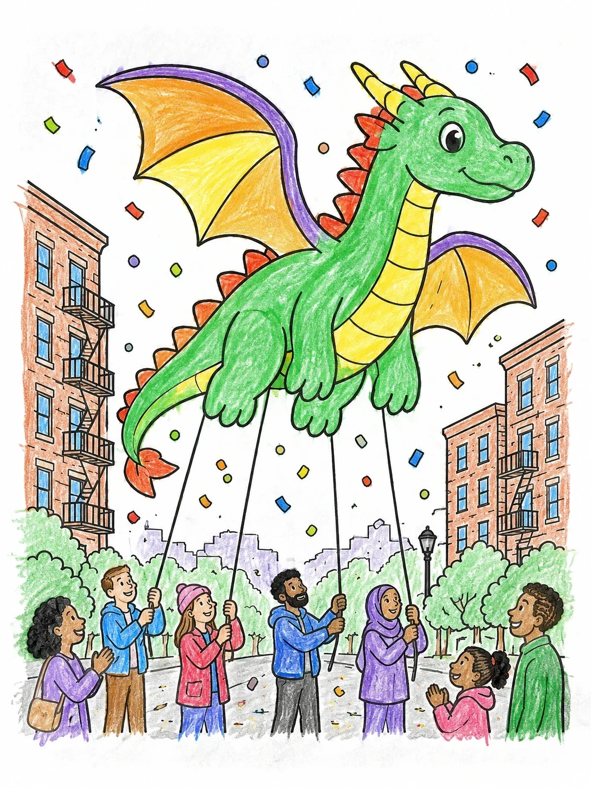 Colored example of the Giant Dragon Parade Balloon coloring page