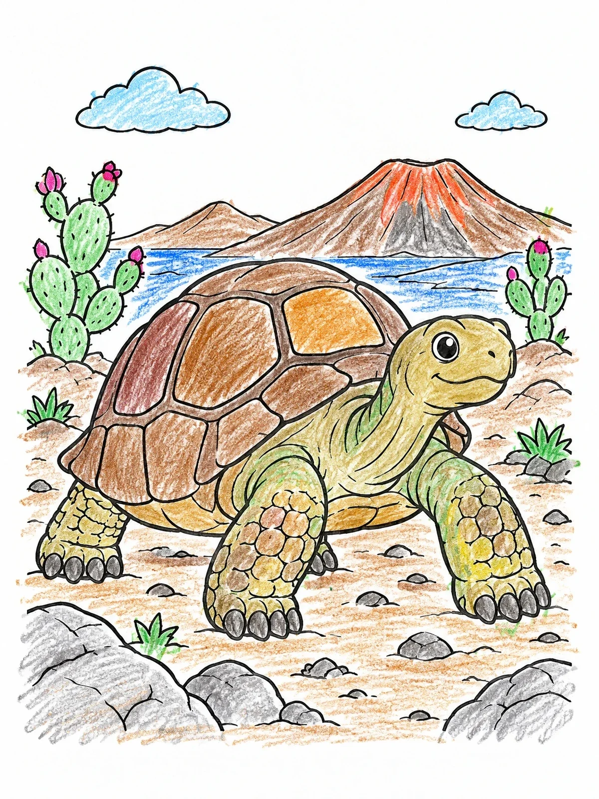 Colored example of the Giant Galapagos Tortoise Near Volcano coloring page
